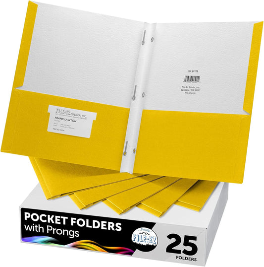 FILE-EZ Two-Pocket Folders with 3-Prong Fasteners, Yellow