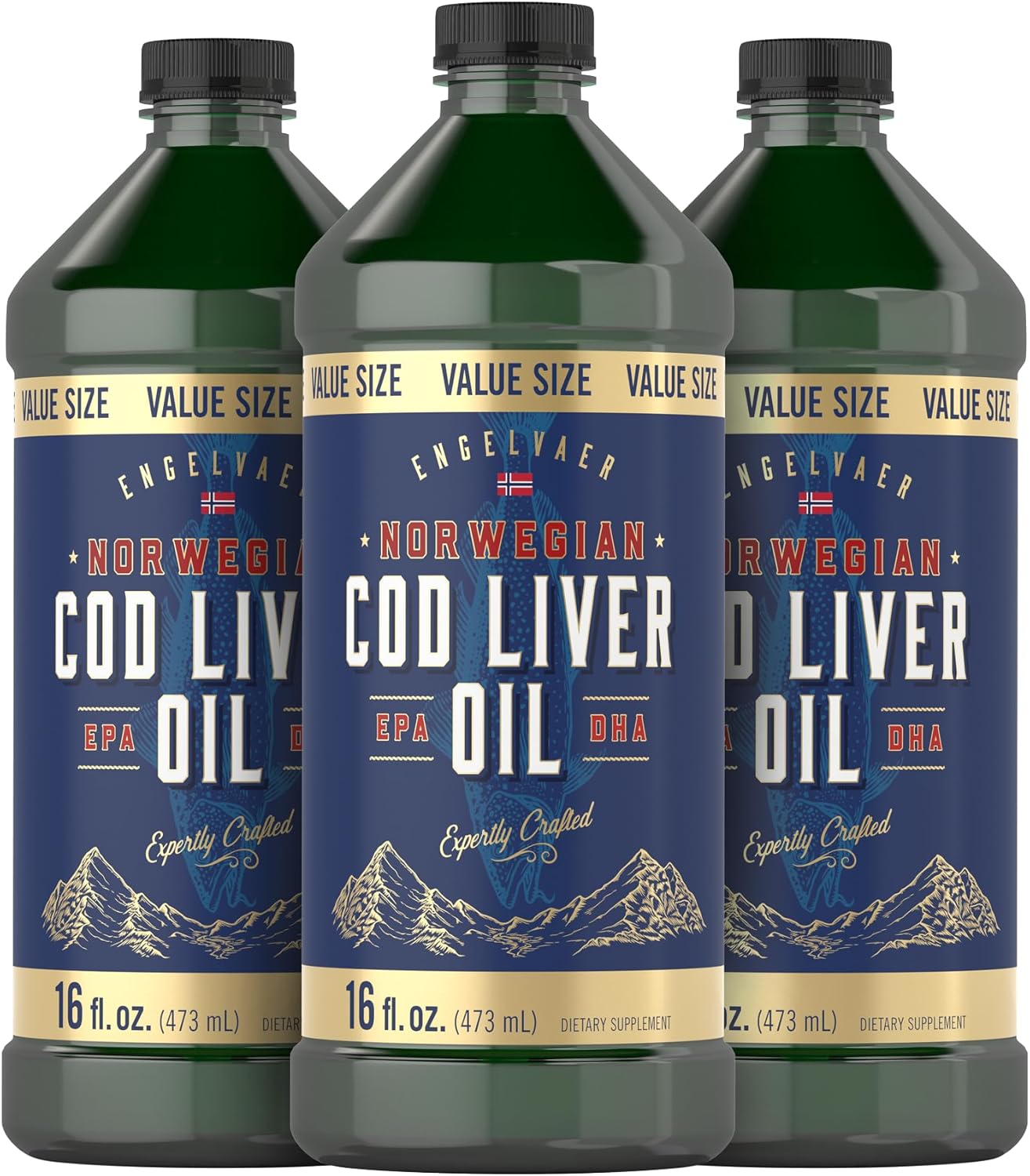 Norwegian Cod Liver Oil Liquid Supplement - Pack of 3 Bottles