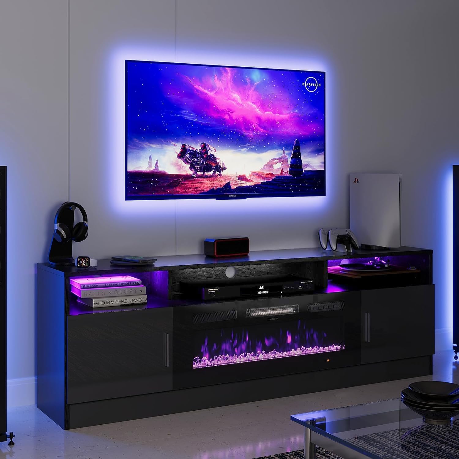 Modern 80 Electric Fireplace TV Stand - LED Lights, Storage, Black