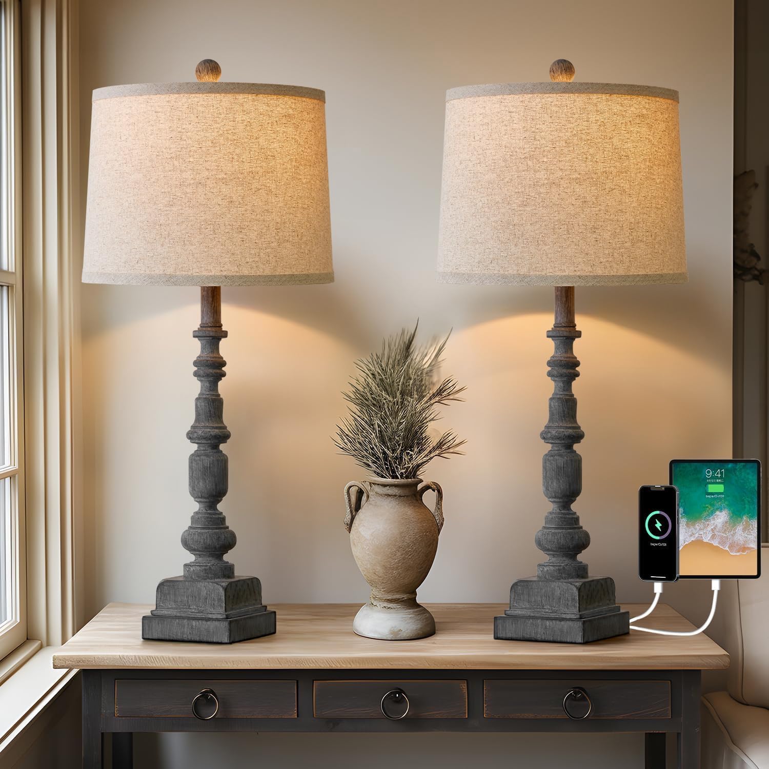 Vintage Farmhouse USB Table Lamps Set of 2 for Cozy Spaces