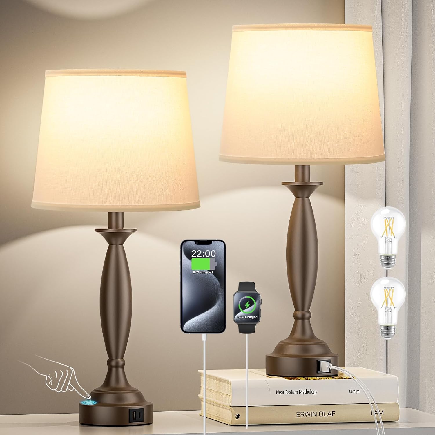 Touch Control Bedside Lamps Set of 2 with USB Ports for Bedrooms