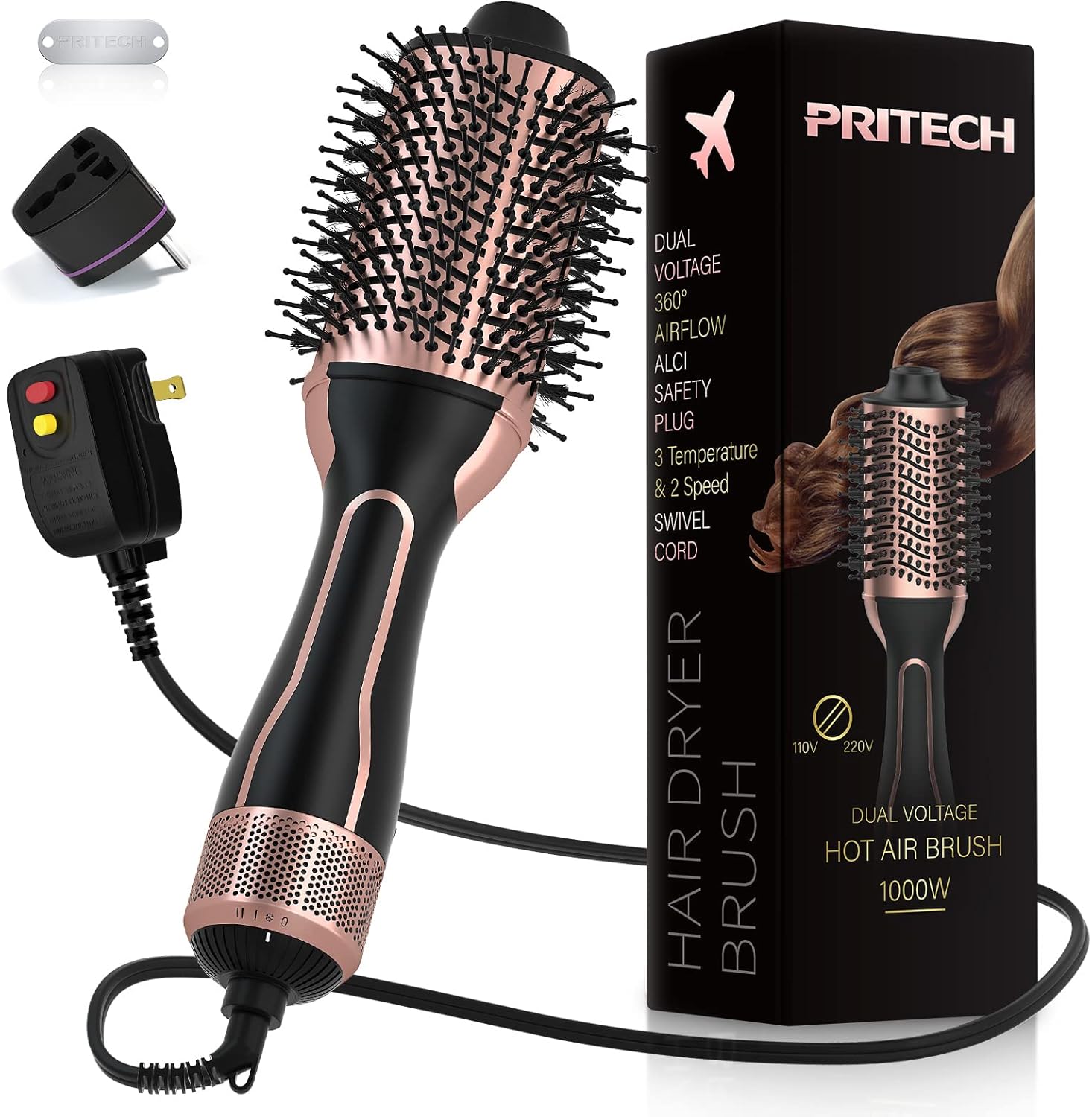 PRITECH Dual Voltage Hair Dryer Brush, 4-in-1 Styler | Ionic Volumizer