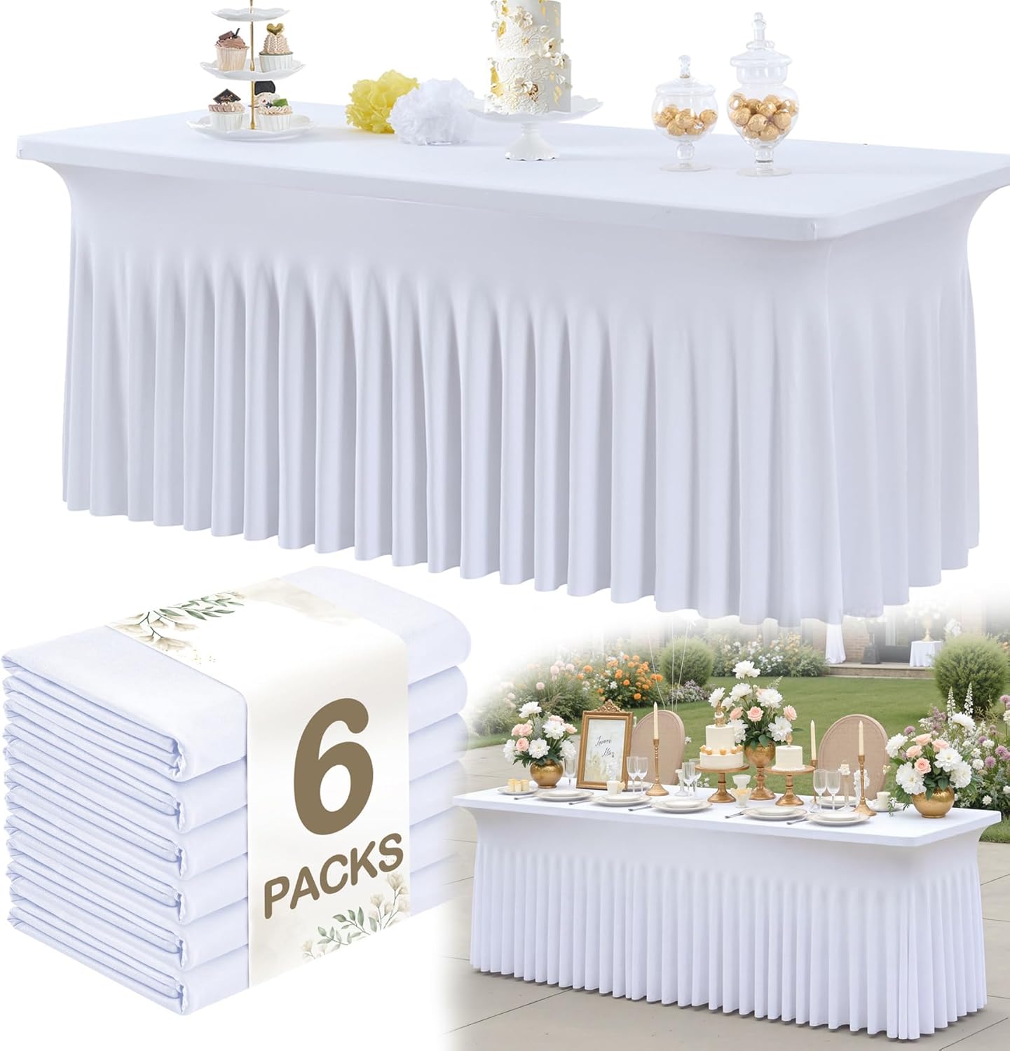 6pk White Spandex Tablecloths for 6ft Rectangle Tables