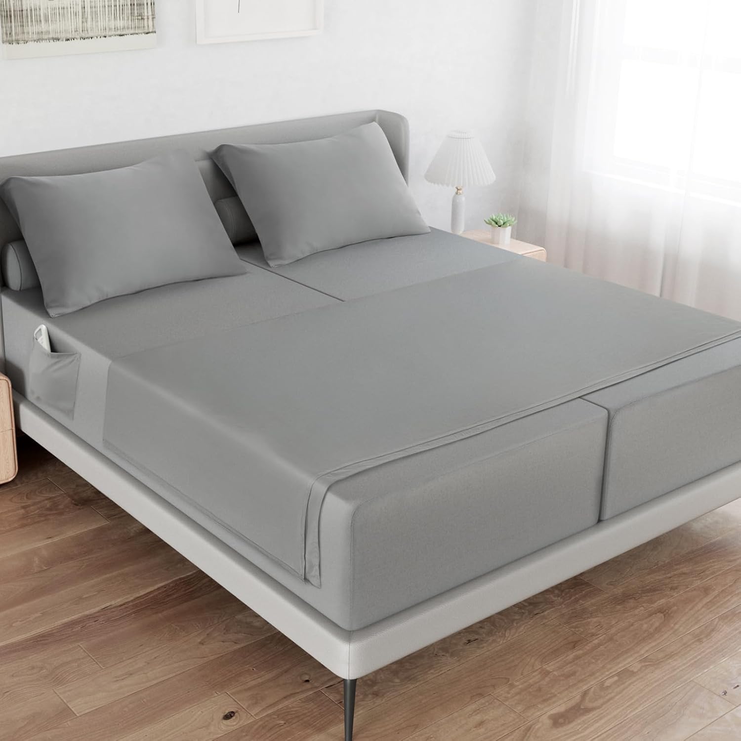 Split King Sheets Sets - 5 Piece Deep Pocket Bed Set in Grey
