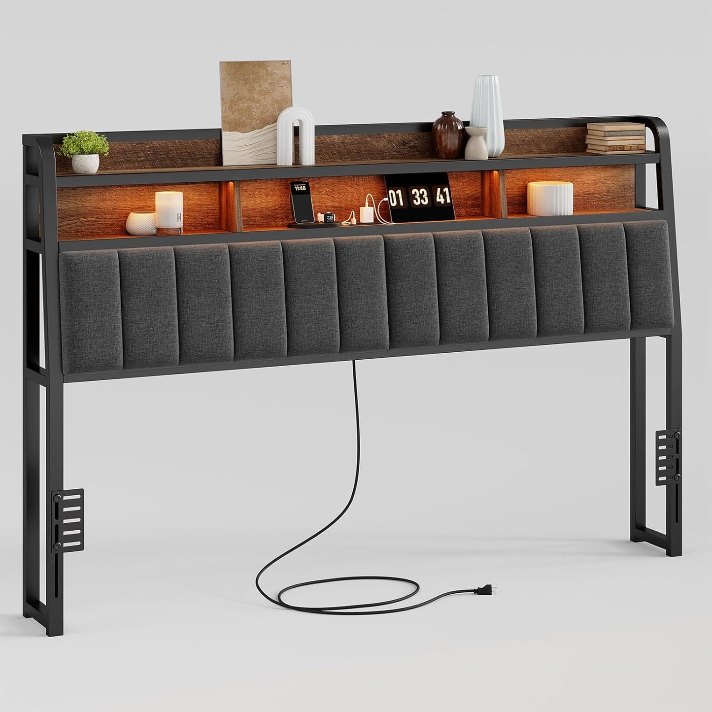 Ergonomic Headboard for King Size Bed with Storage and Outlets