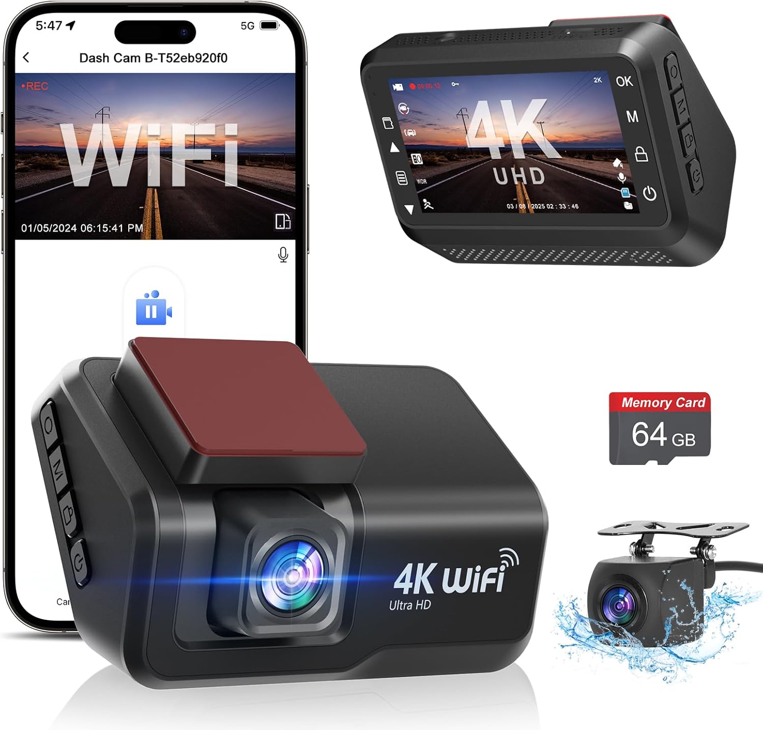 Otovoda Dual Dash Cam: 4k+1080P HD, WiFi, Night Vision