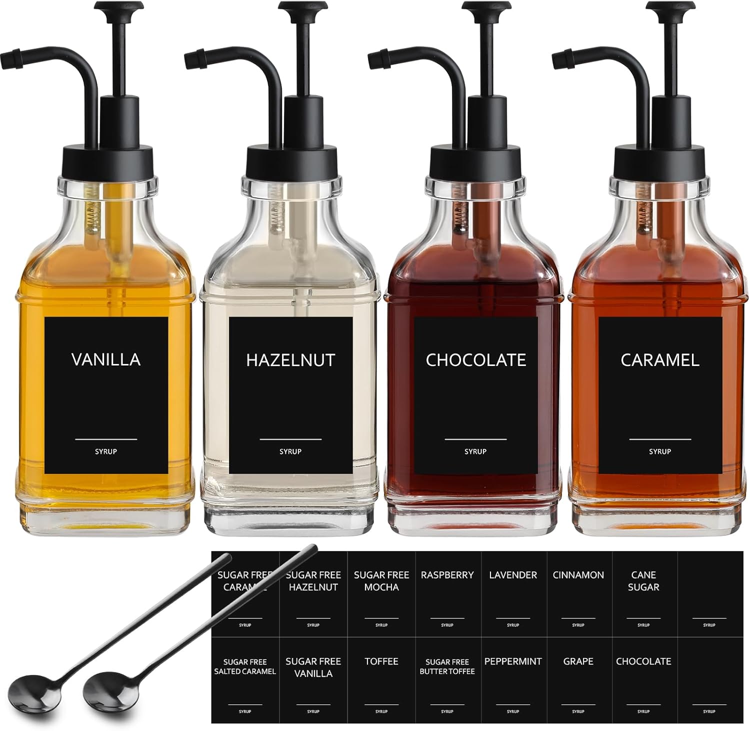 Coffee Syrup Dispenser Set with Pump and Labels for Coffee Bar