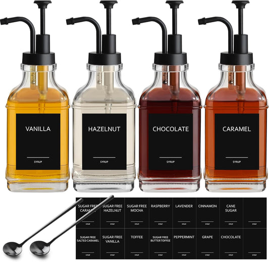 Coffee Syrup Dispenser Set with Pump and Labels for Coffee Bar