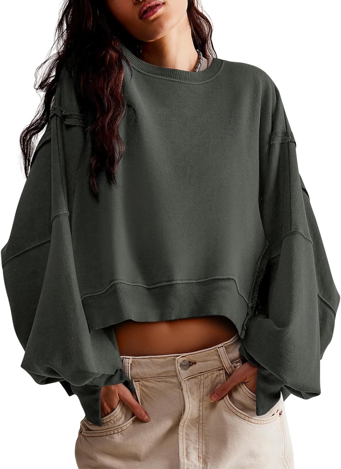 Casual Sweatshirt for Women - Long Sleeve Crop Pullover Tee