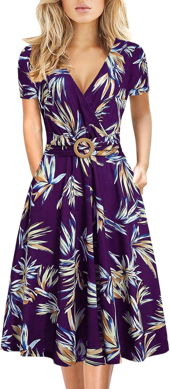 Elegant Criss-Cross V Neck Vintage Short Sleeve Dress with Pockets