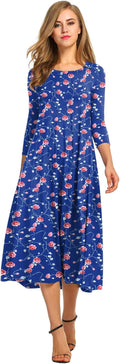 Women's A-line 3/4 Sleeve Midi Dress - Flowy Pleated Swing