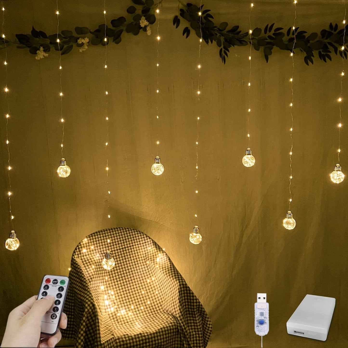 Warm White Curtain Lights with Remote - 200 LED Twinkle Globe Fairy