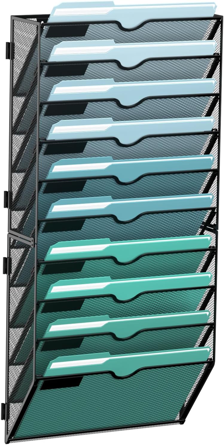 10-Tier Wall File Organizer for Papers and Magazines - Black