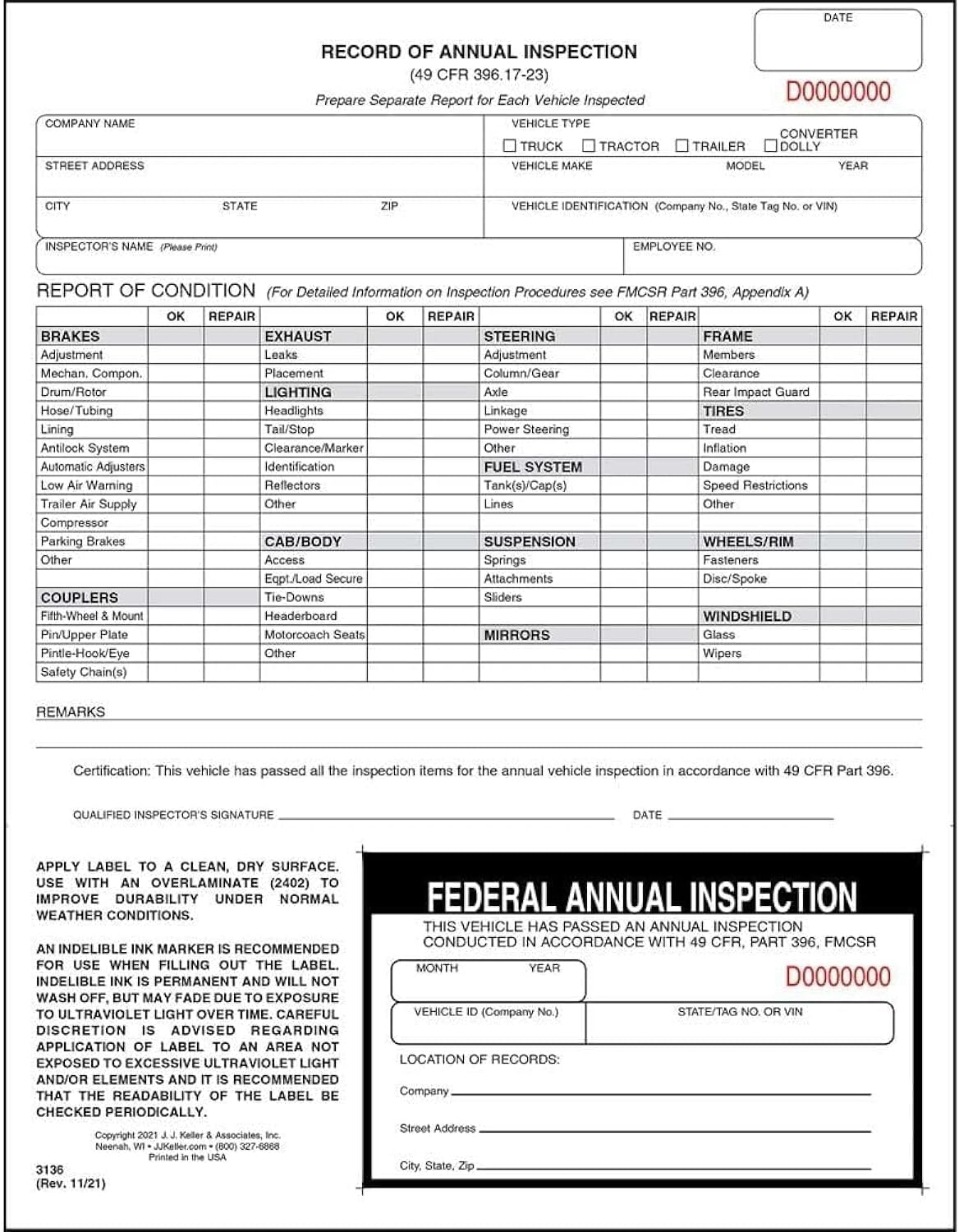 Record of Annual Inspection Form 100-Pack for DOT Compliance