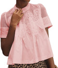VAOYIU Women Lace-Detail Flared Blouse - Cotton Poplin Mesh