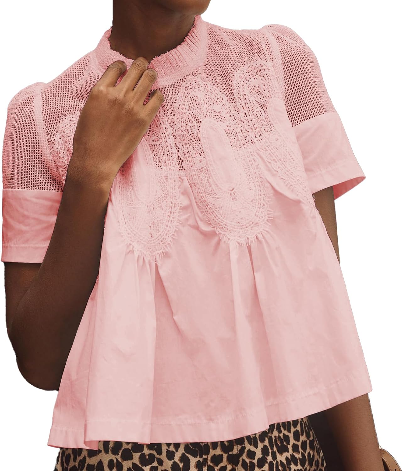 VAOYIU Women Lace-Detail Flared Blouse for Elegant Style
