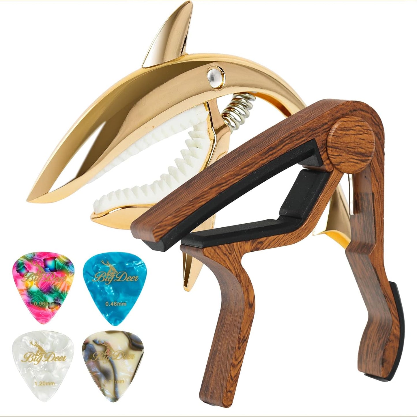 Rosewood & Alloy Shark Guitar Capo Set - Swift Change, Durable & 4 Picks