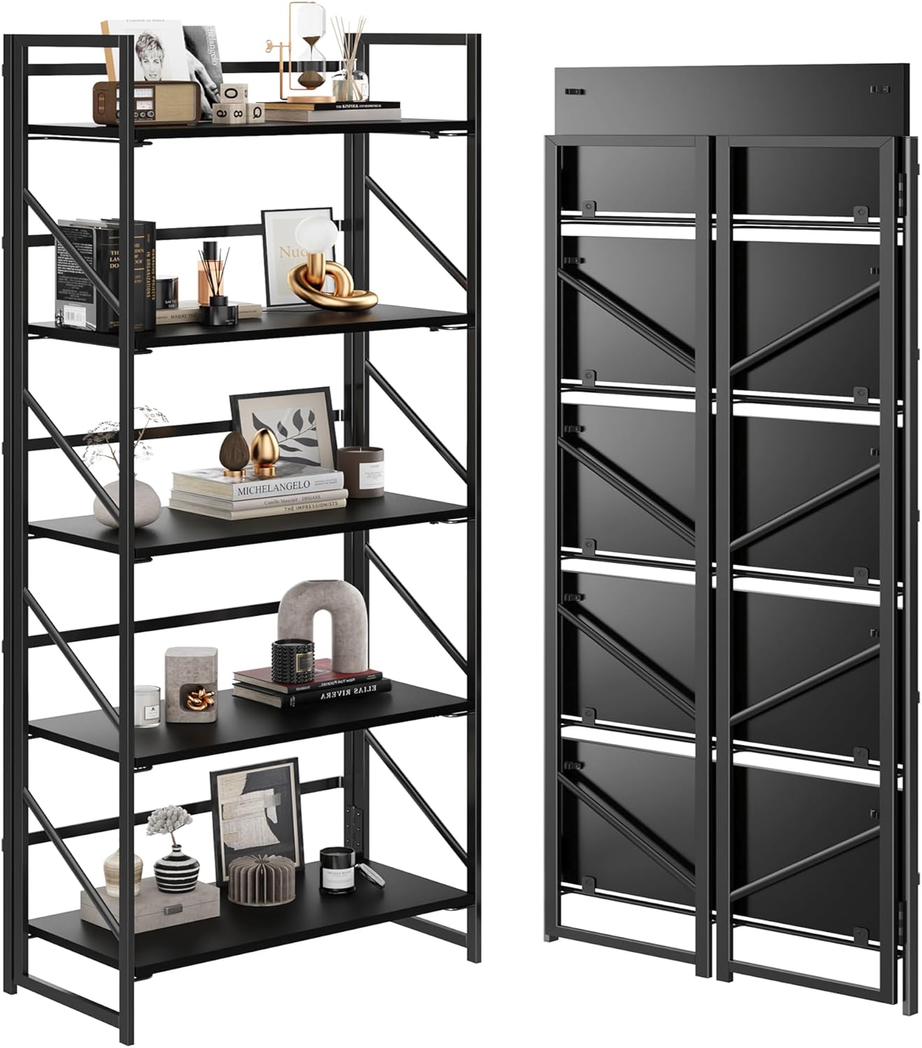 JSB No Assembly Folding Bookshelf for Vintage Home Storage