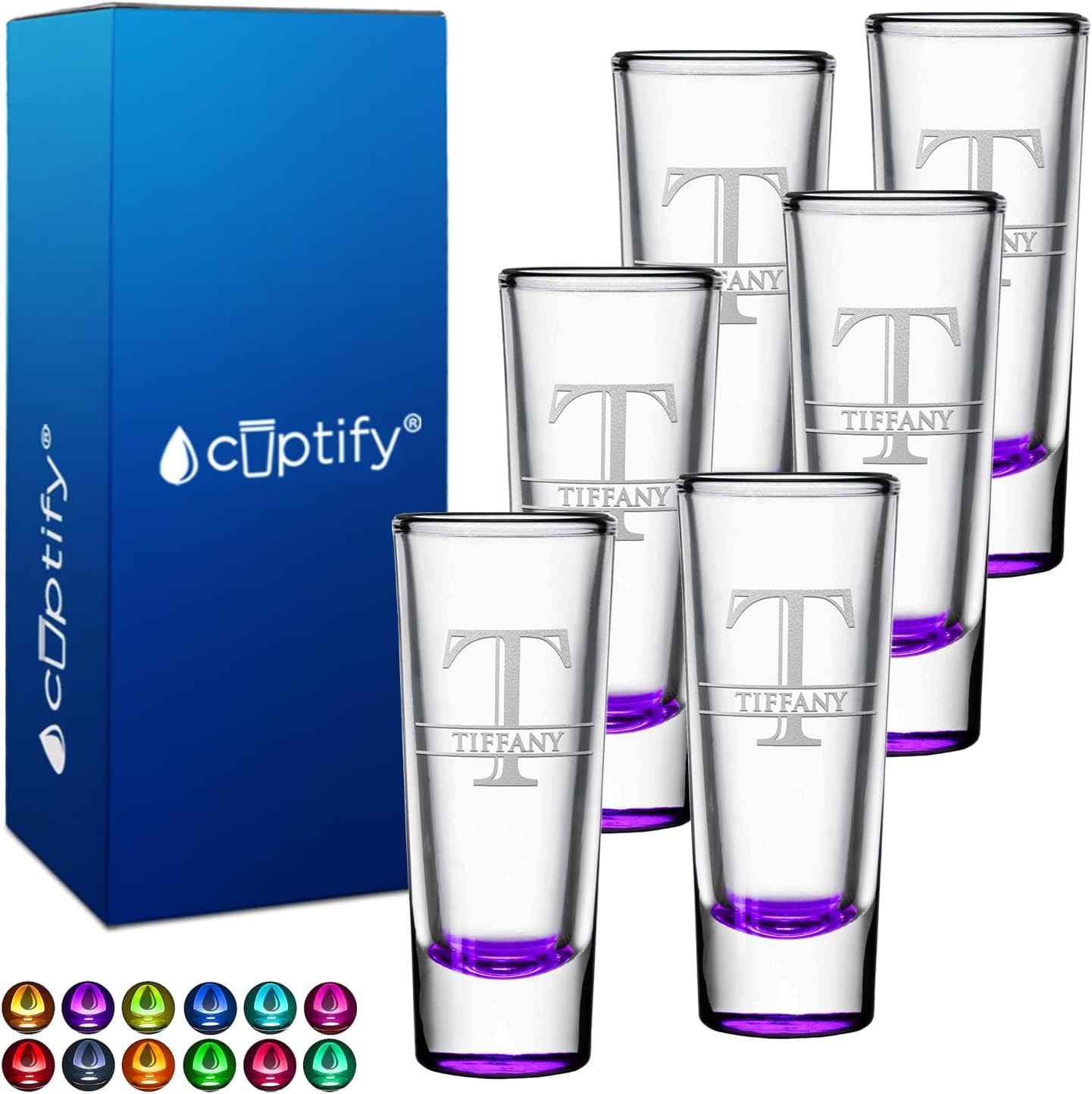 Personalized Shot Glasses Set of 6 with Elegant Purple Bottom