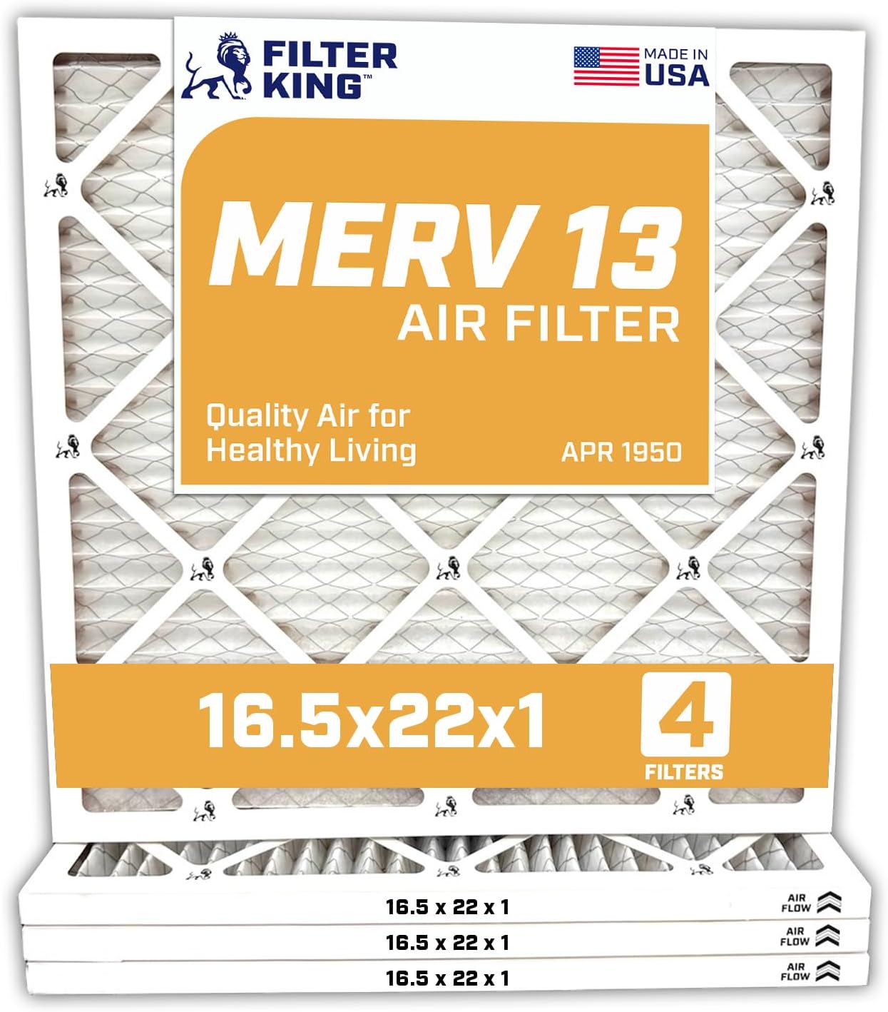 MERV 13 Air Filter 16.5x22x1 by Filter King - 4 Pack