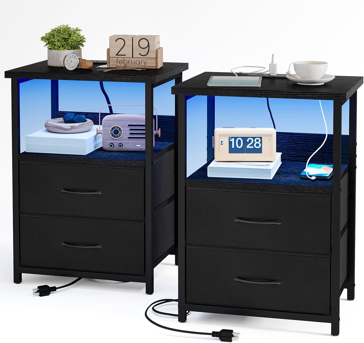 Fixwal Nightstand Set of 2 with Charging Station and LED Lights