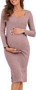 Long Sleeve Maternity Sweater Dress for Women - Ribbed Knit Bodycon