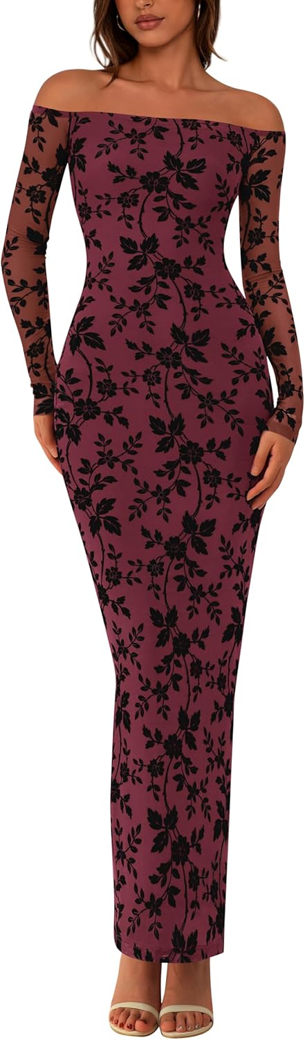 PRETTYGARDEN Womens Off The Shoulder Floral Maxi Dress for Fall