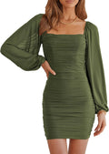 MASCOMODA Square Neck Lantern Sleeve Ruched Bodycon Mini Dress summer