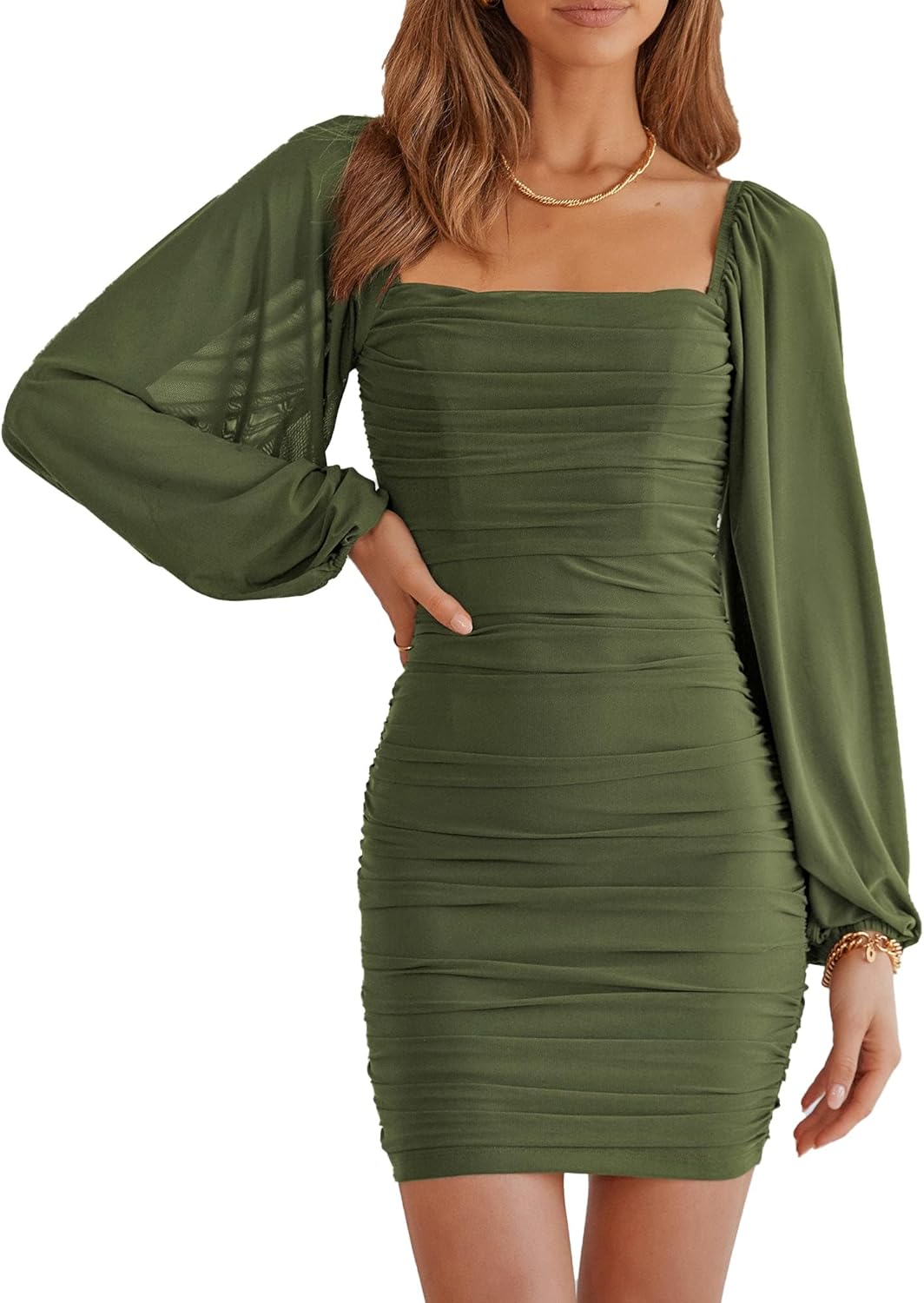 Elegant Square Neck Lantern Long Sleeve Mini Bodycon Dress