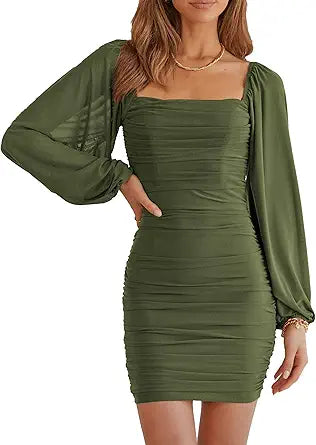 Elegant Square Neck Lantern Long Sleeve Mini Bodycon Dress