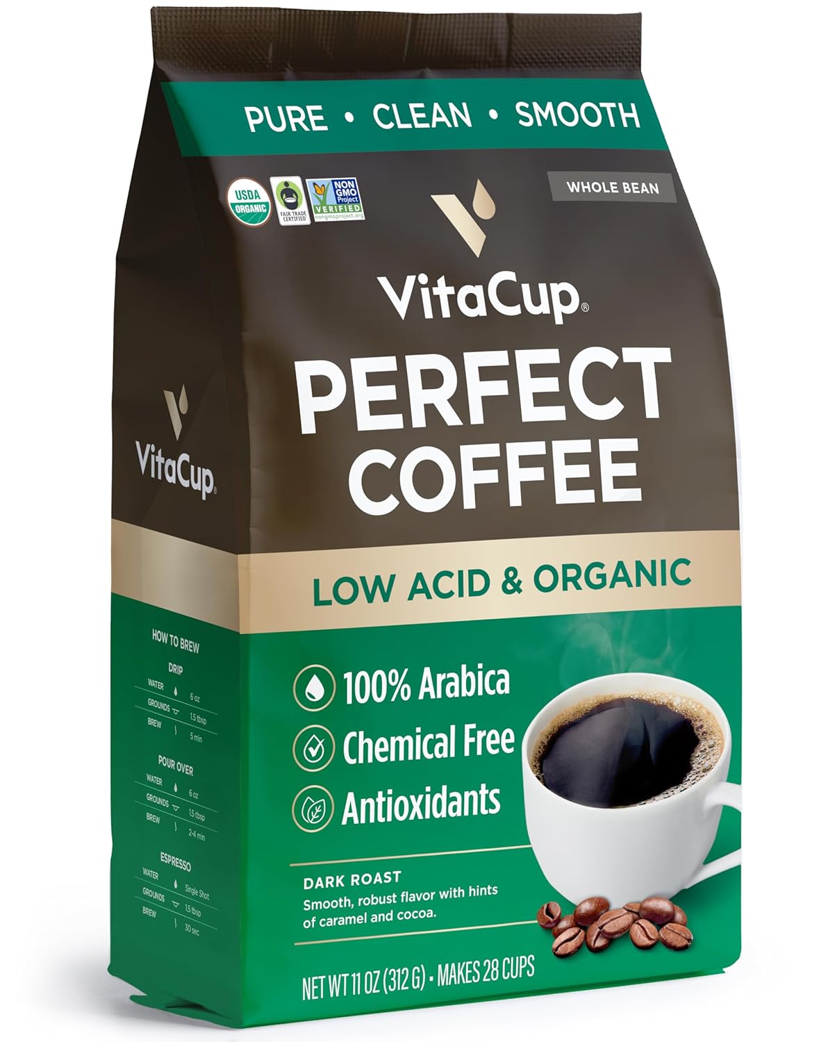 VitaCup Dark Roast Organic Low Acid Coffee, Clean & Pure
