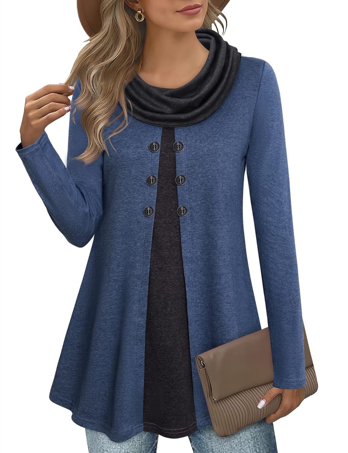 Bebonnie Womens Long Sleeve Cowl Neck Splicing Tunic Tops