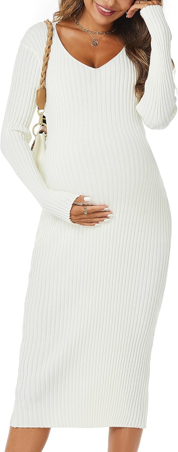 Maternity Dress Long Sleeve V Neck Knit Stretchable Sweater