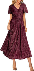 Simplee Womens V Neck Velvet Maxi Dress Short Sleeve - Elegant Fit is
