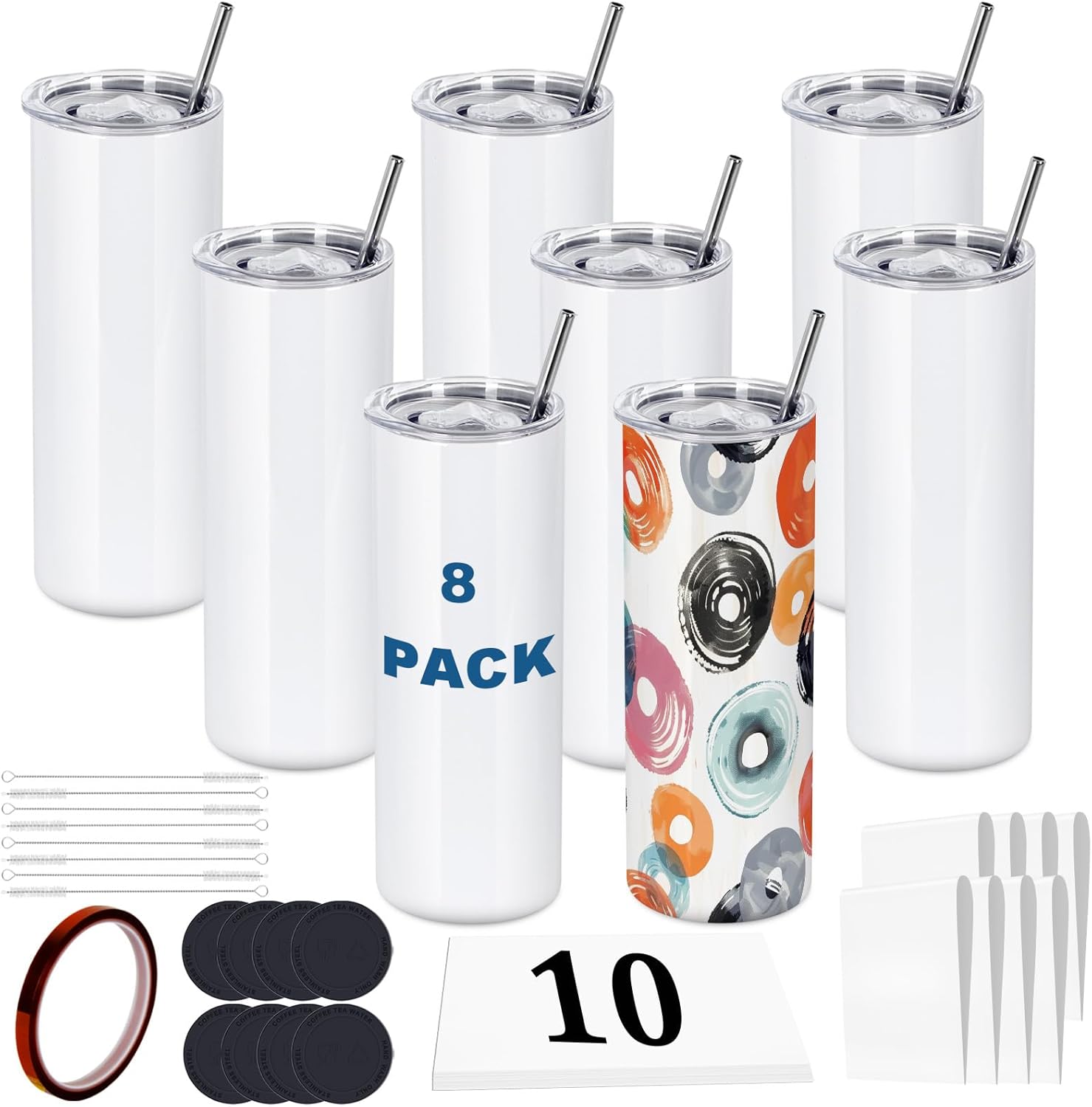 8 Pack White Sublimation Tumblers - Heat Transfer Ready!
