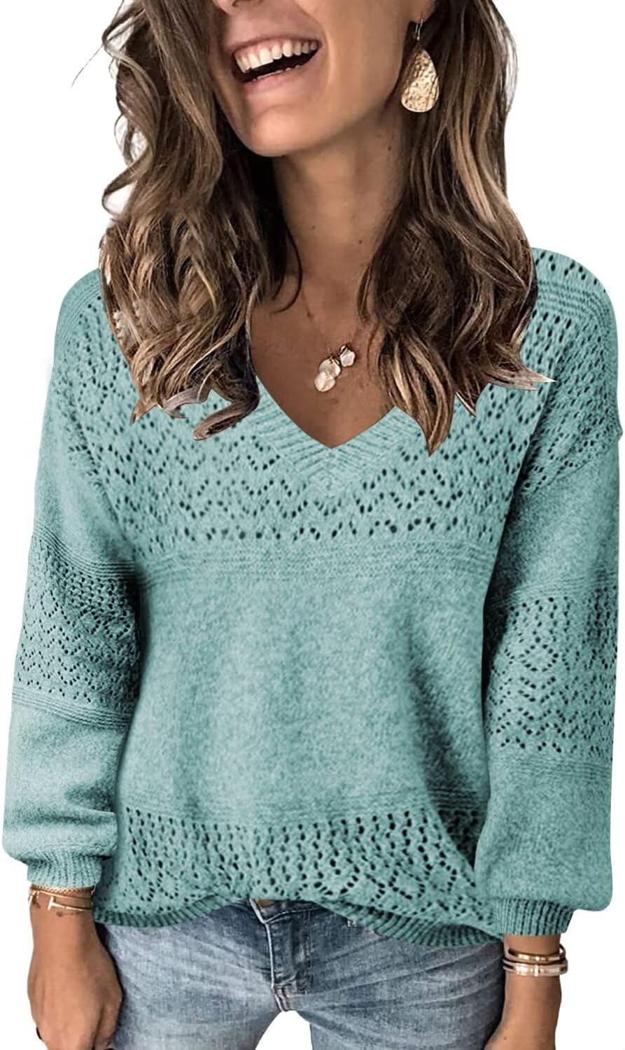 FEKOAFE Womens V Neck Long Sleeve Hollow Knit Pullover Sweater