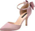 Women Satin Mid Heel Pumps with Bow Knot Ankle Strap - 3in