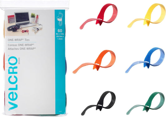 60 Pk VELCRO Brand Cable Ties | Strong Reusable Multicolor Straps