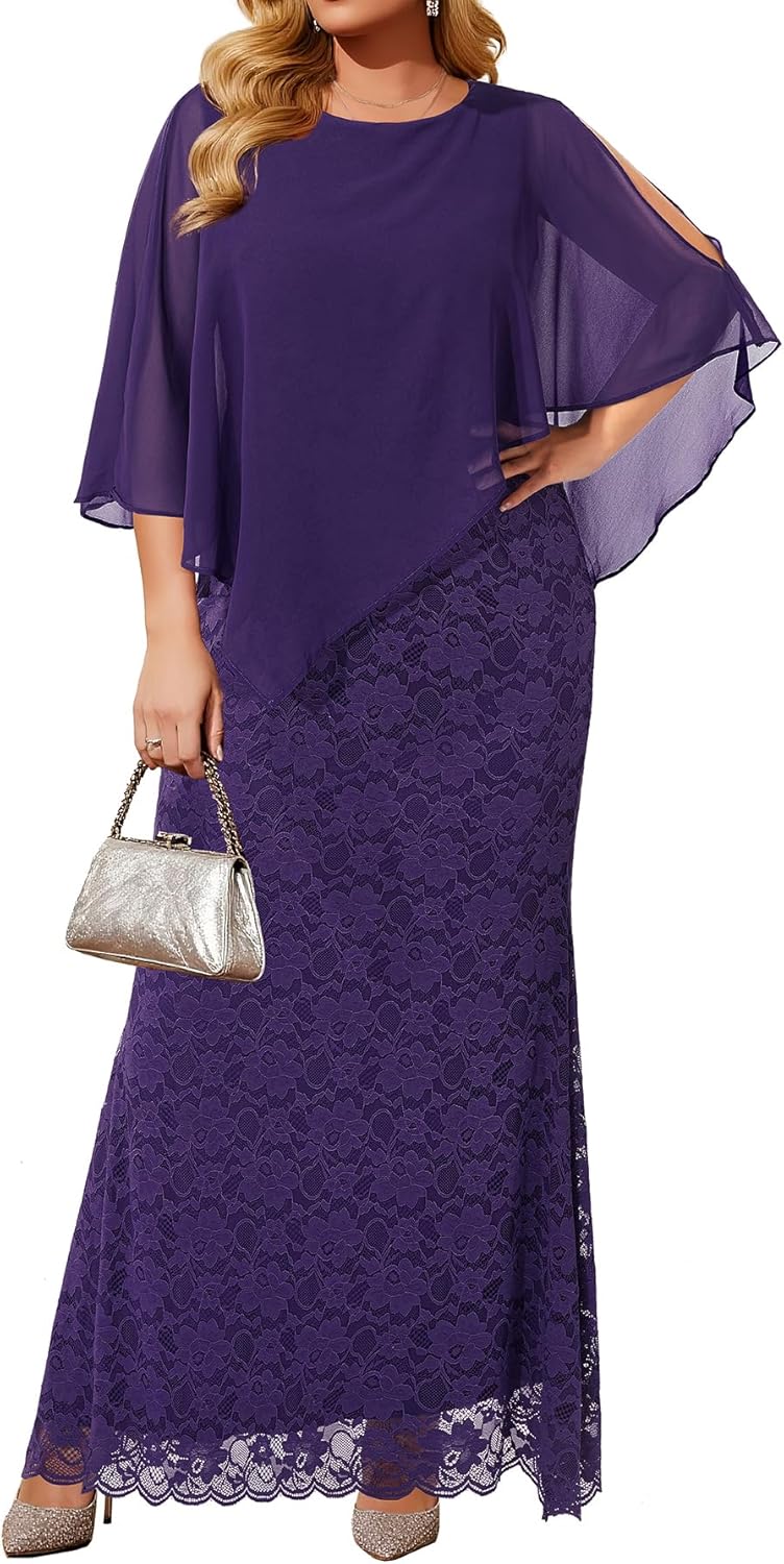 Elegant Women's Plus Size Cape Dress with Chiffon Overlay Gown