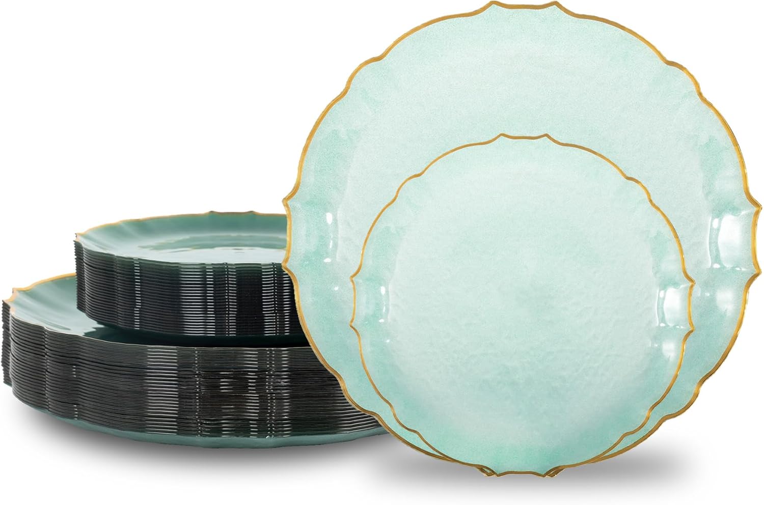 Lullaby 100pcs Translucent Green Plastic Plates with Gold Rim