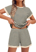 Waffle Knit Lounge Set Women Stripe Pajama Shorts Set - Soft