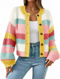 Striped Chunky Cardigan Sweaters - Cozy Color Block Button Up