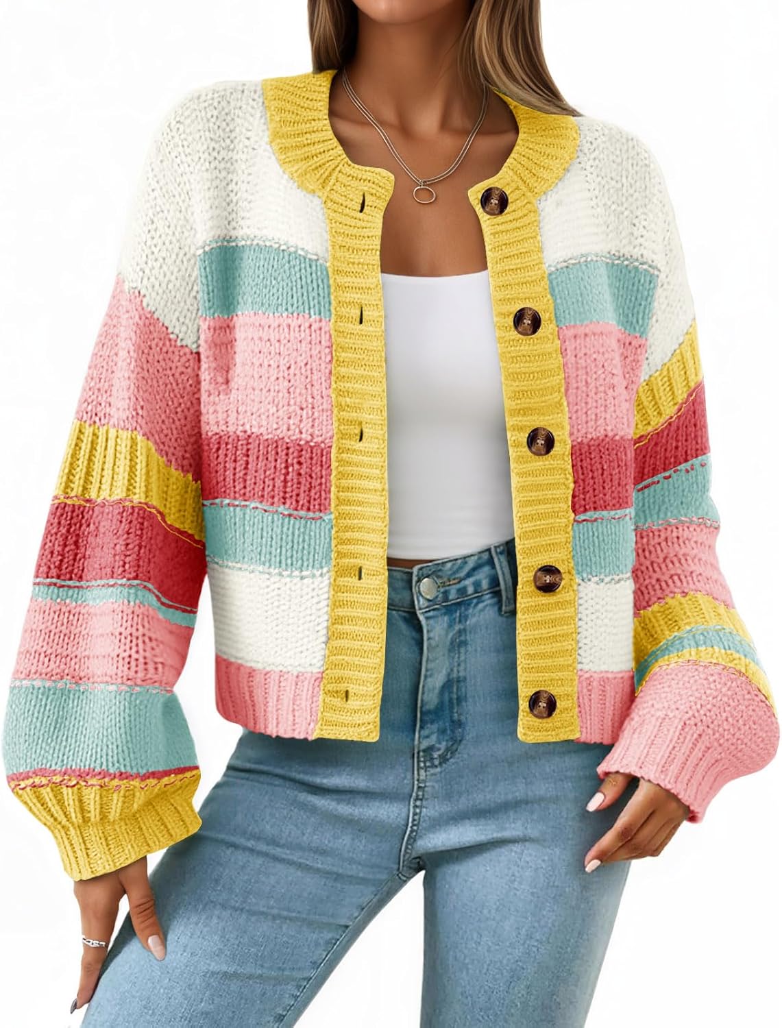 Trendy Color Block Long Sleeve Cardigan Sweater for Women