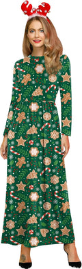 Women's Ugly Christmas Maxi Dress Long Sleeve Graphic Outfit - Cozy