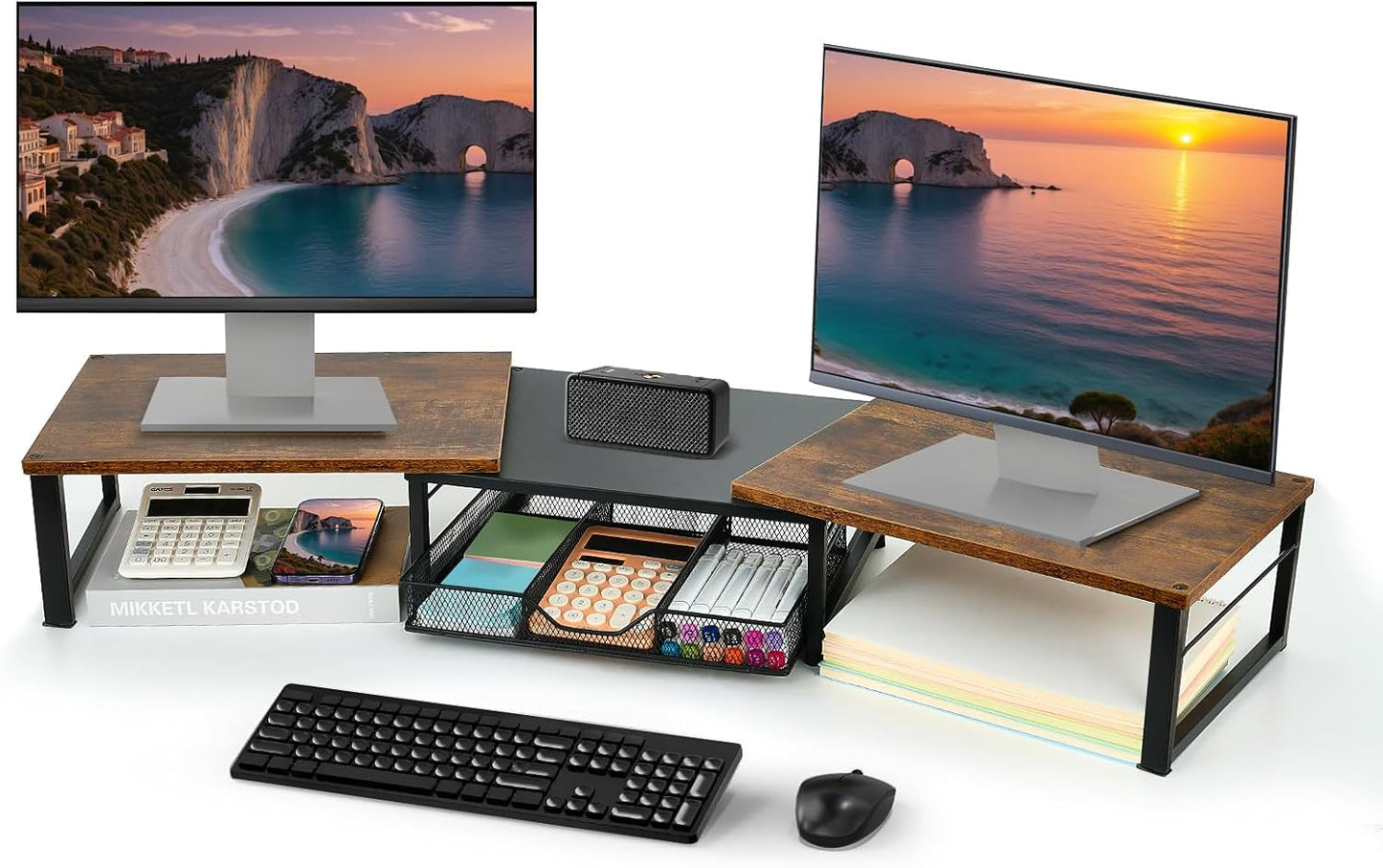 Rustic Brown Dual Monitor Stand with Drawer - OPNICE
