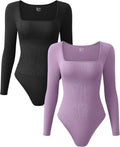 OQQ Women's Ribbed Square Neck Long Sleeve Bodysuits - 2 Pack soft