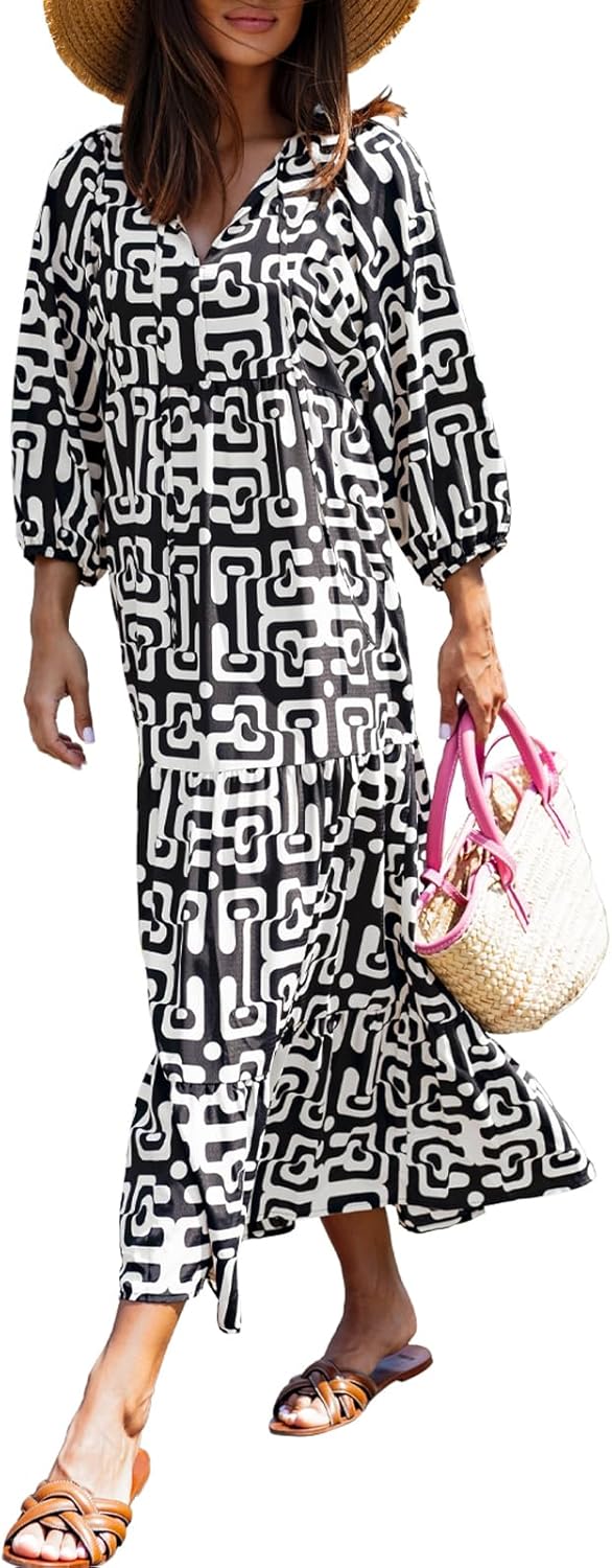 Miduo Womens Loose Fit Casual Summer V Neck Maxi Dress