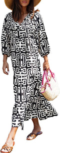 miduo Womens Loose Fit Bohemian V Neck Maxi Dress - Flowy Summer
