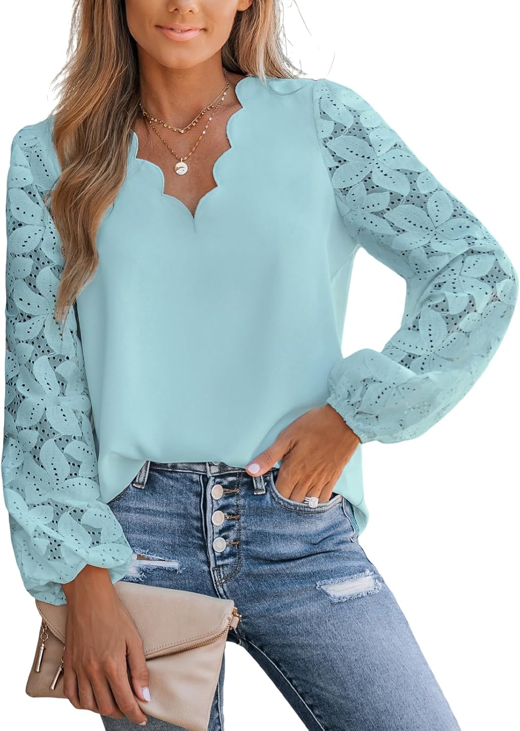 CUPSHE Women Lace Elegant Blouse Long Sleeve Eyelet Top