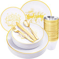 KIRE 25 Guests Gold Plastic Plates with Turkey Pattern - Thanksgiving